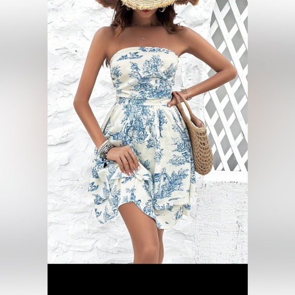 New XL 12 SHEIN vacay blue white toile strapless tiered dress shirred - Picture 9 of 17